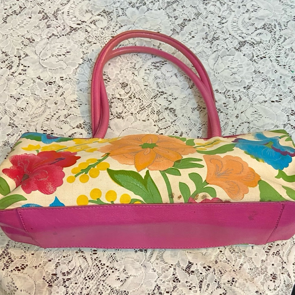 Multi color Floral Handbag with Pink Leather Trim (14in x 6.5in x 4in)