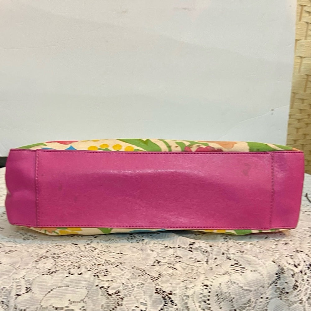 Multi color Floral Handbag with Pink Leather Trim (14in x 6.5in x 4in)