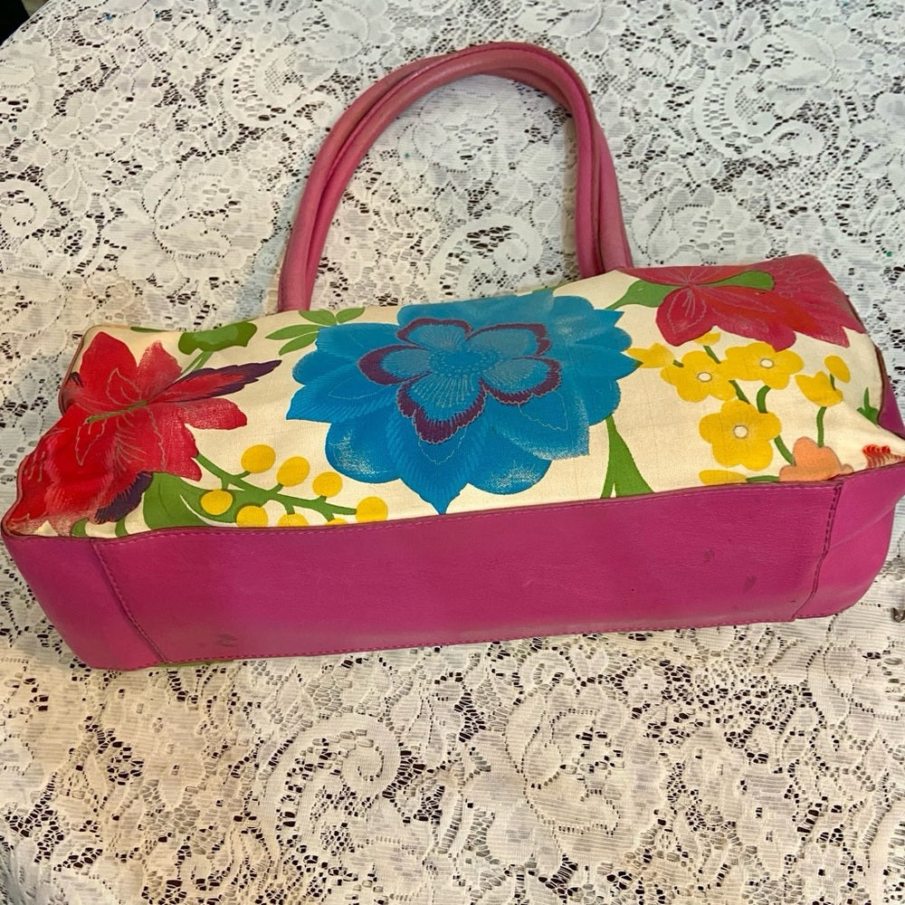 Multi color Floral Handbag with Pink Leather Trim (14in x 6.5in x 4in)