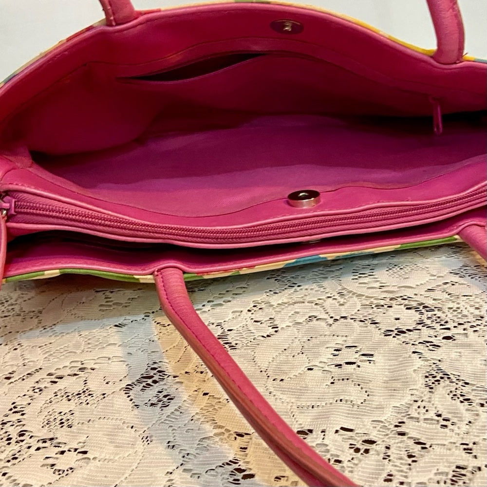 Multi color Floral Handbag with Pink Leather Trim (14in x 6.5in x 4in)