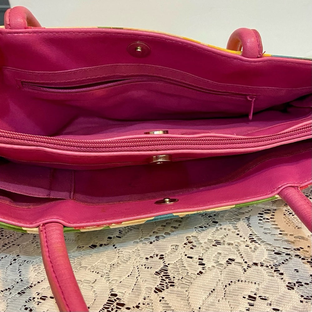 Multi color Floral Handbag with Pink Leather Trim (14in x 6.5in x 4in)