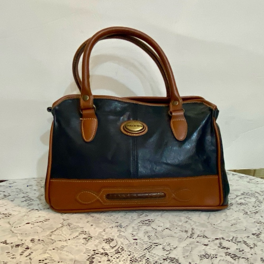 Dolce Vita Black Handbag with Brown Leather (10.5in x 7.5in x 5.5in)