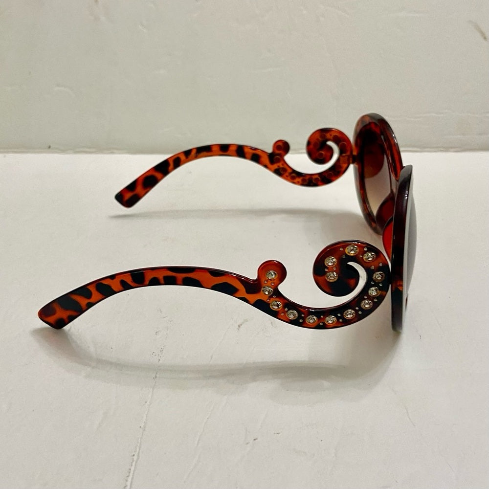 Elegant, High Fashion Leopard Brown Round Sunglasses with Rhinestones