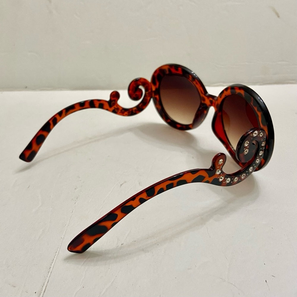 Elegant, High Fashion Leopard Brown Round Sunglasses with Rhinestones