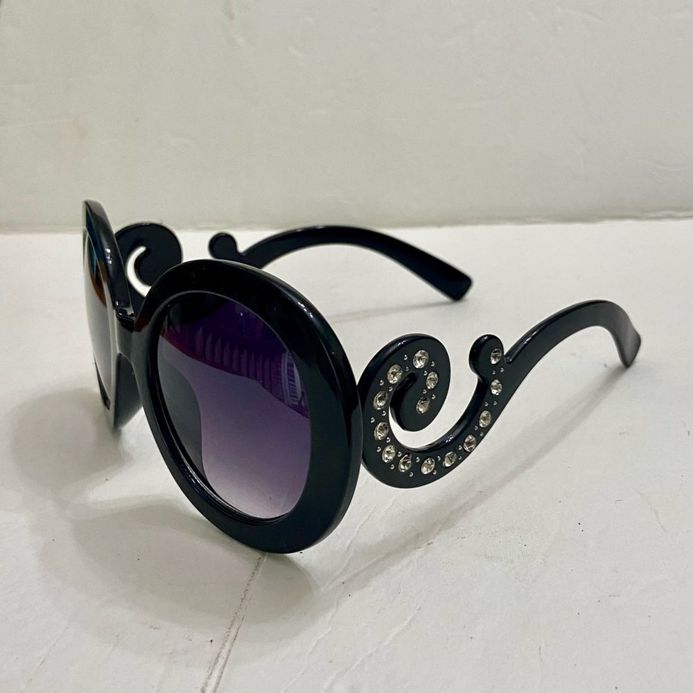 Elegant, High Fashion Black Round Sunglasses with Rhinestones