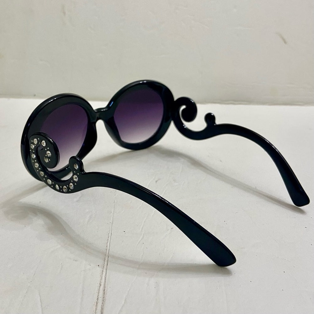 Elegant, High Fashion Black Round Sunglasses with Rhinestones