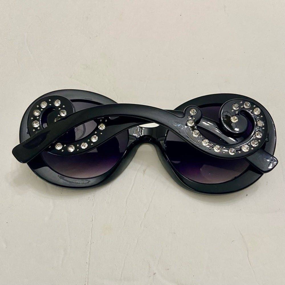 Elegant, High Fashion Black Round Sunglasses with Rhinestones