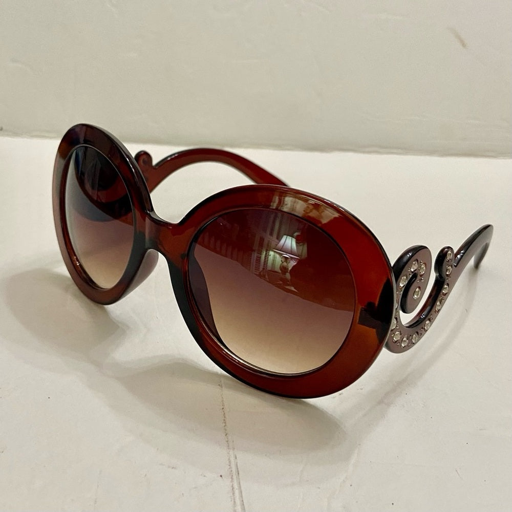 Elegant, High Fashion Brown Round Sunglasses with Rhinestones