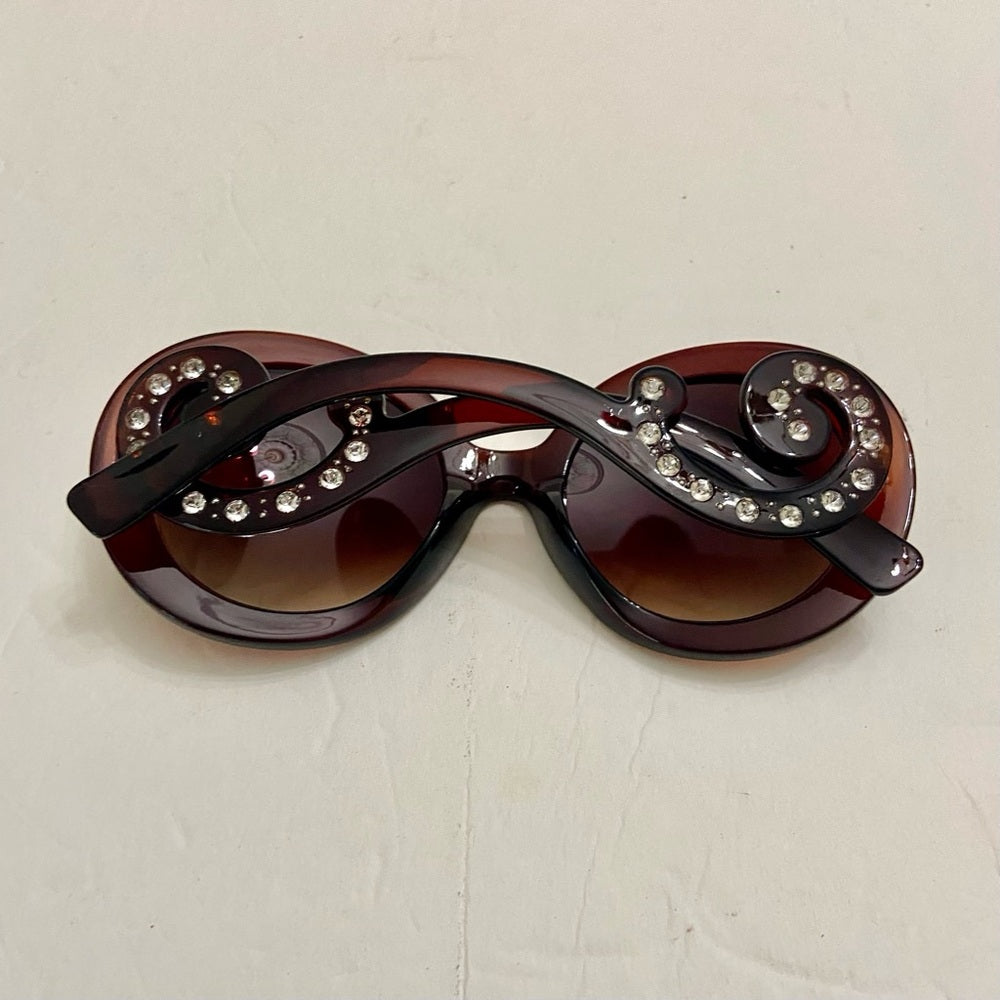 Elegant, High Fashion Brown Round Sunglasses with Rhinestones