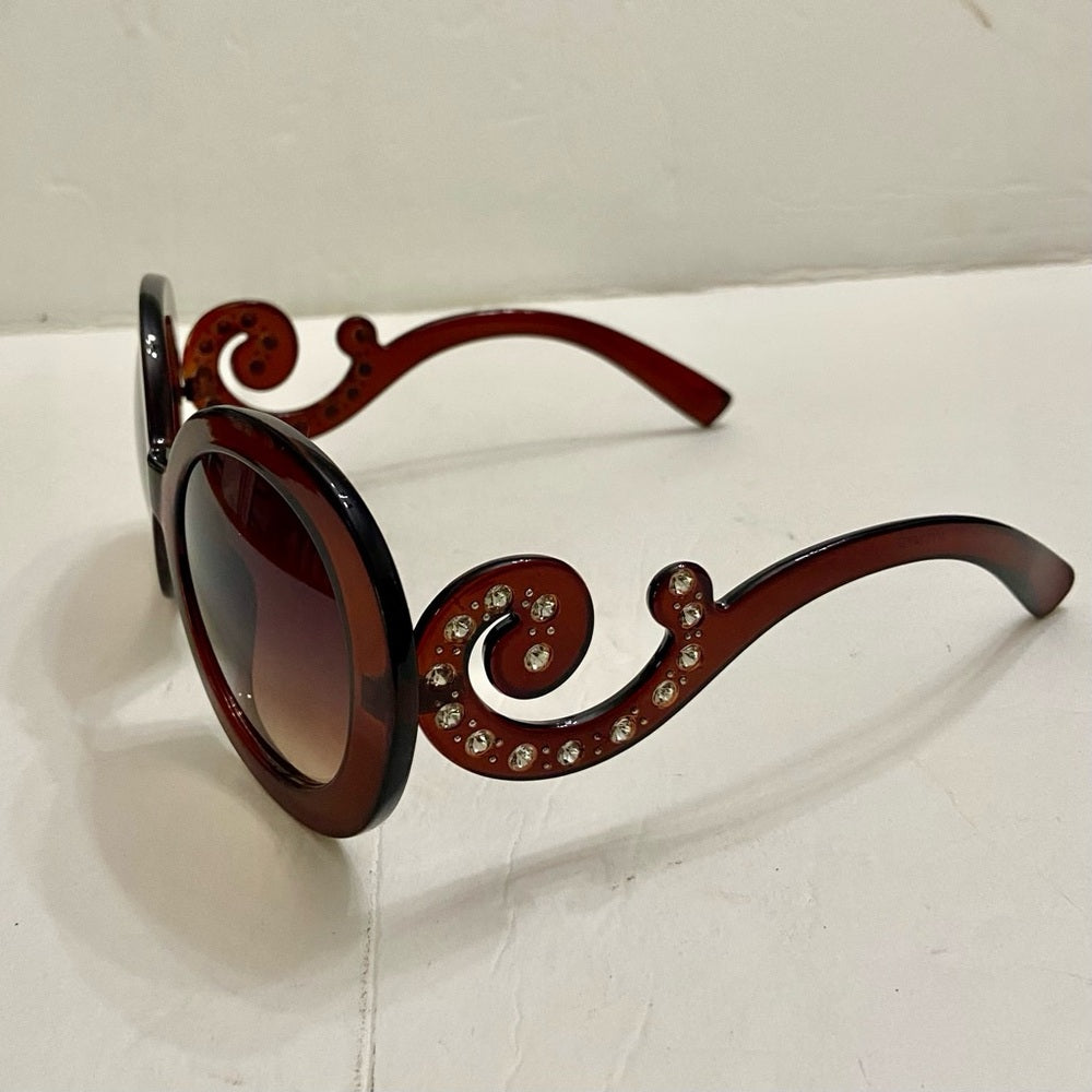 Elegant, High Fashion Brown Round Sunglasses with Rhinestones