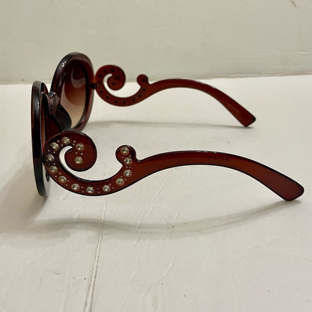 Elegant, High Fashion Brown Round Sunglasses with Rhinestones