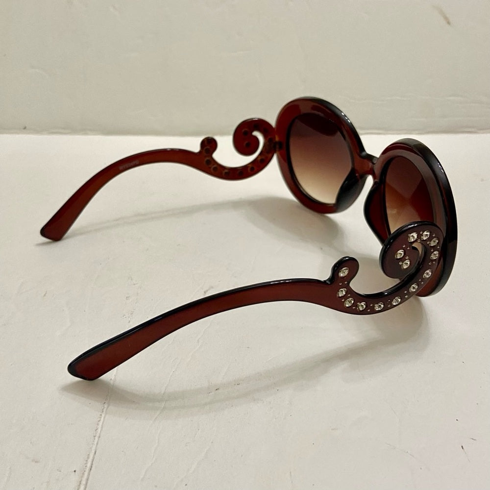 Elegant, High Fashion Brown Round Sunglasses with Rhinestones