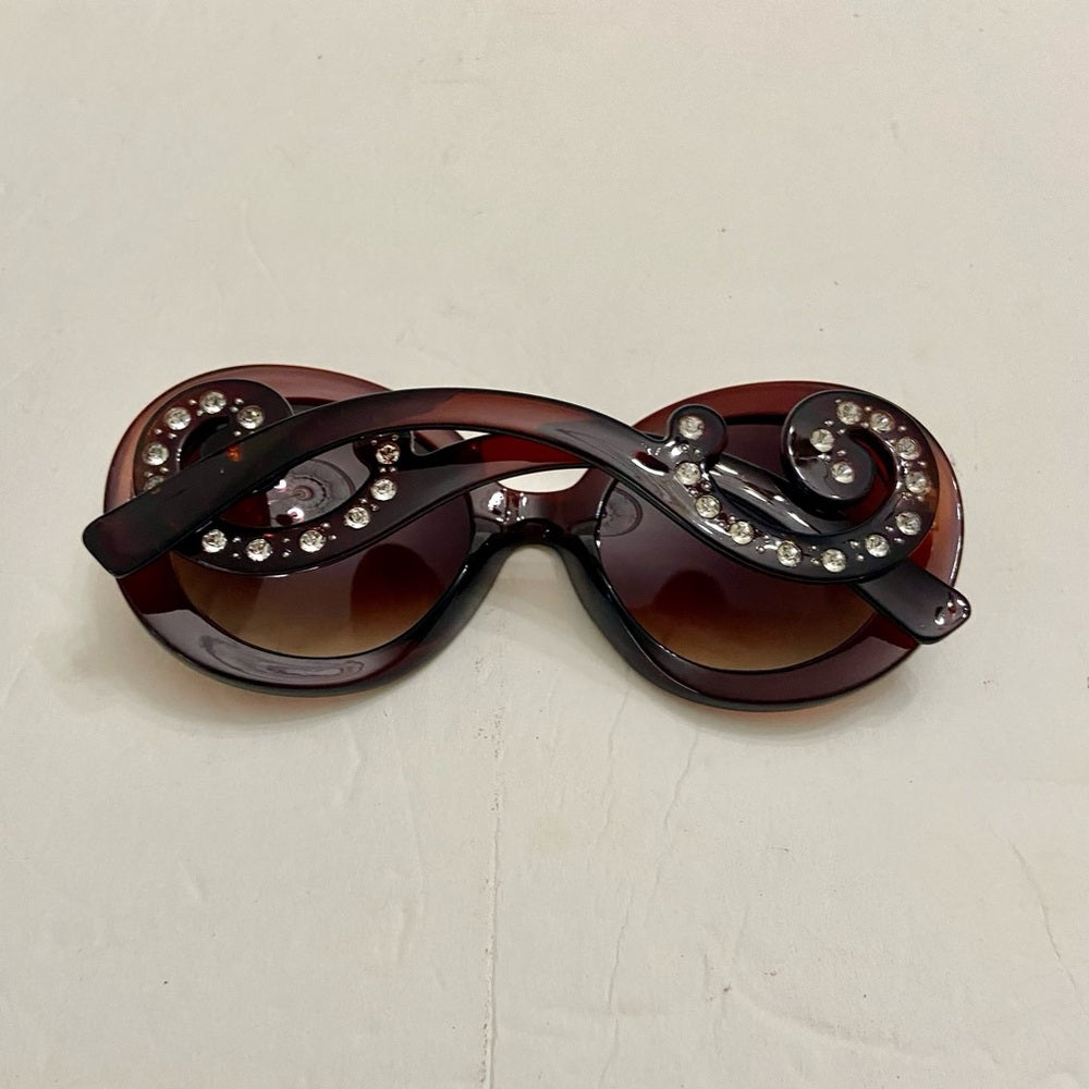 Elegant, High Fashion Brown Round Sunglasses with Rhinestones