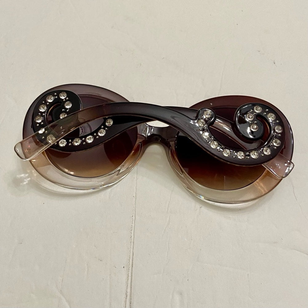 Elegant, Fashionable Smoky Brown Round Sunglasses with Rhinestones