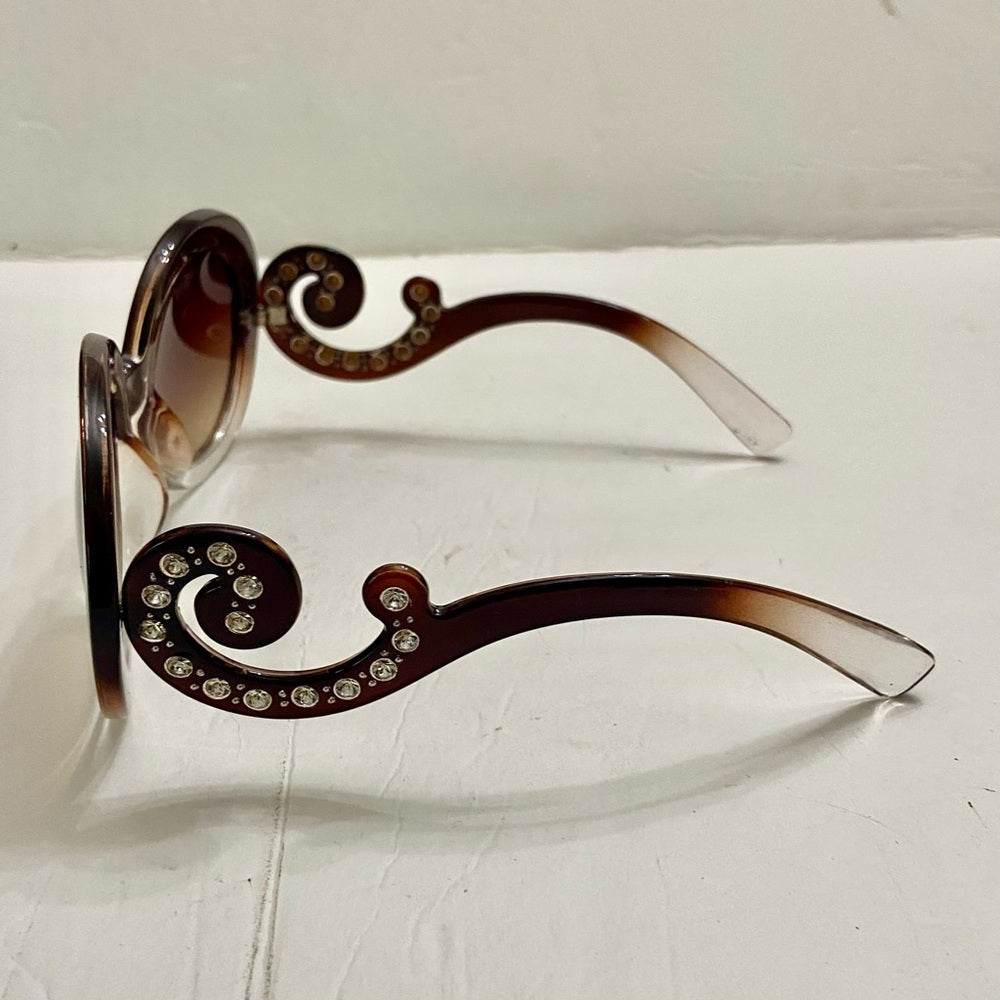 Elegant, Fashionable Smoky Brown Round Sunglasses with Rhinestones