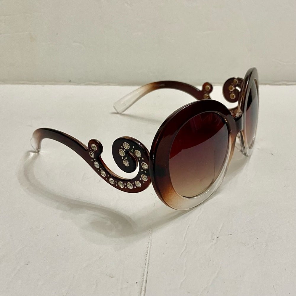 Elegant, Fashionable Smoky Brown Round Sunglasses with Rhinestones
