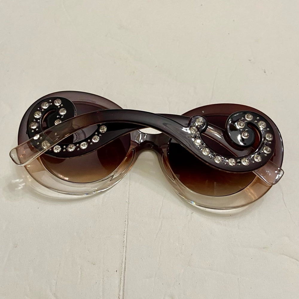 Elegant, Fashionable Smoky Brown Round Sunglasses with Rhinestones
