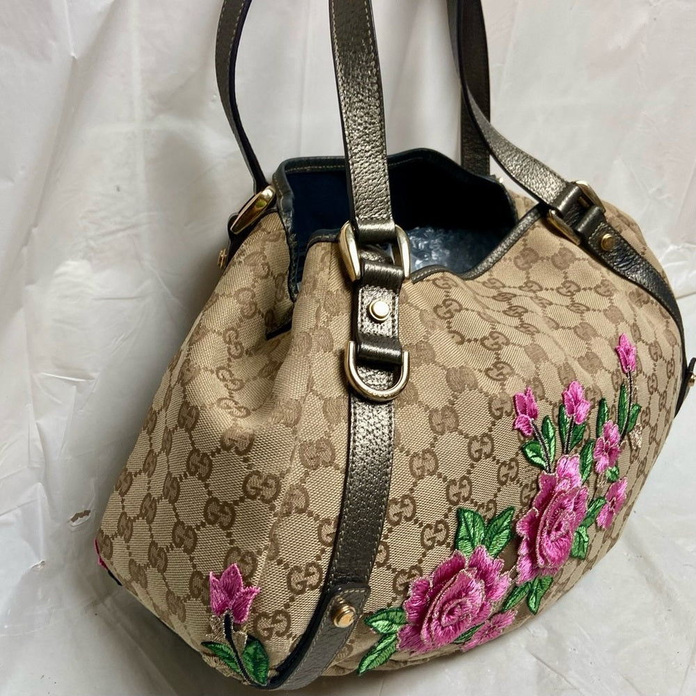Vintage Gucci, Coated Canvas, Brown Mono Pink Floral Handbag