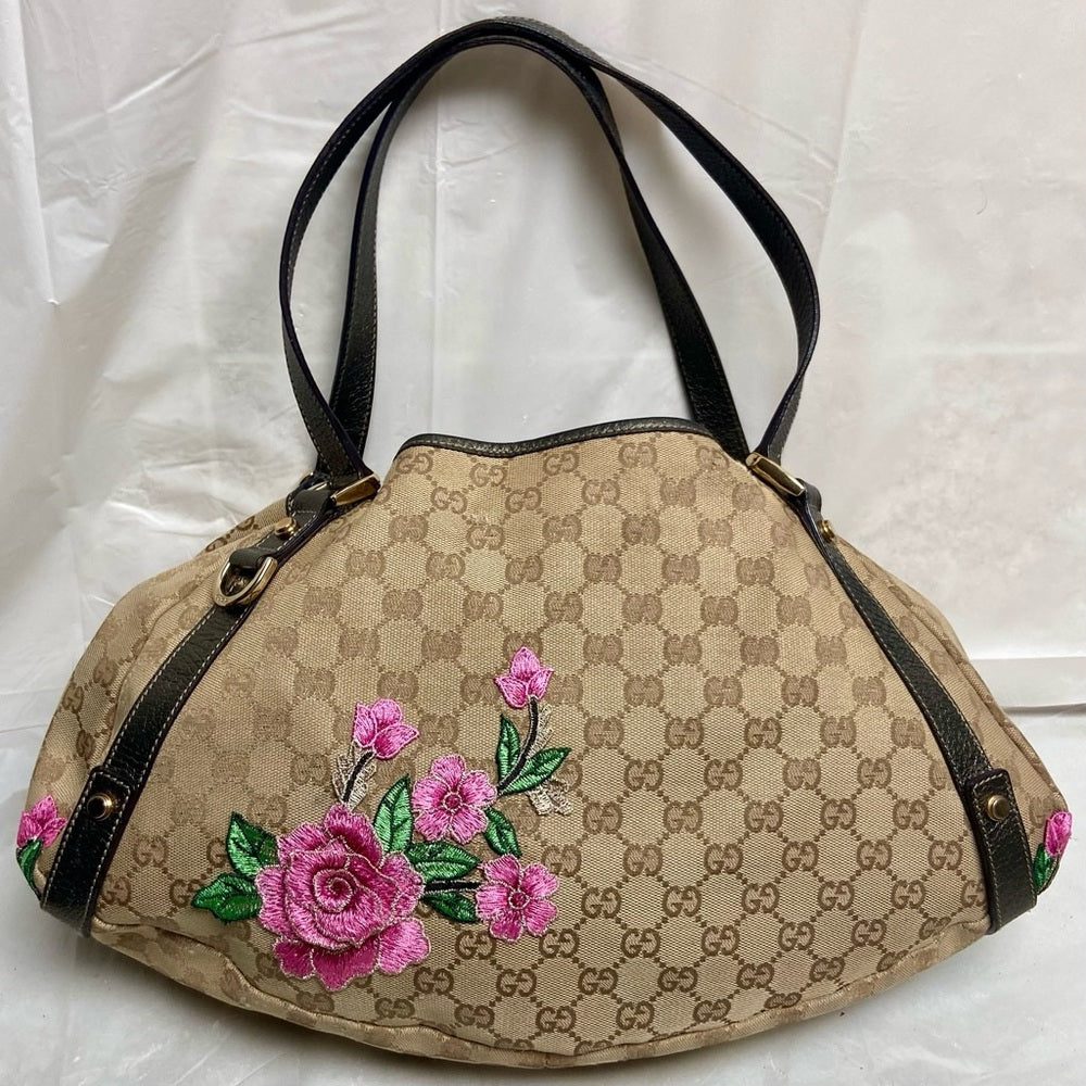 Vintage Gucci, Coated Canvas, Brown Mono Pink Floral Handbag