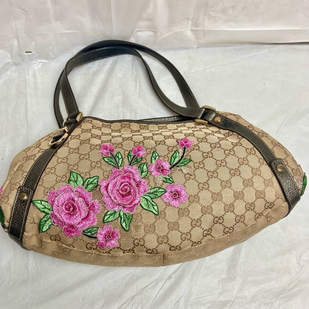 Vintage Gucci, Coated Canvas, Brown Mono Pink Floral Handbag