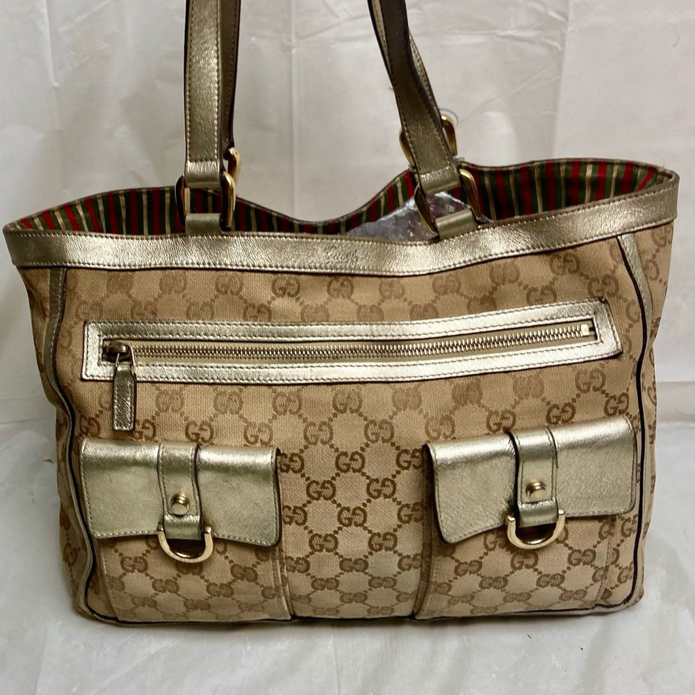 Vintage Gucci Brown Mono Shoulder Bag with Metallic Leather Trim-Strap