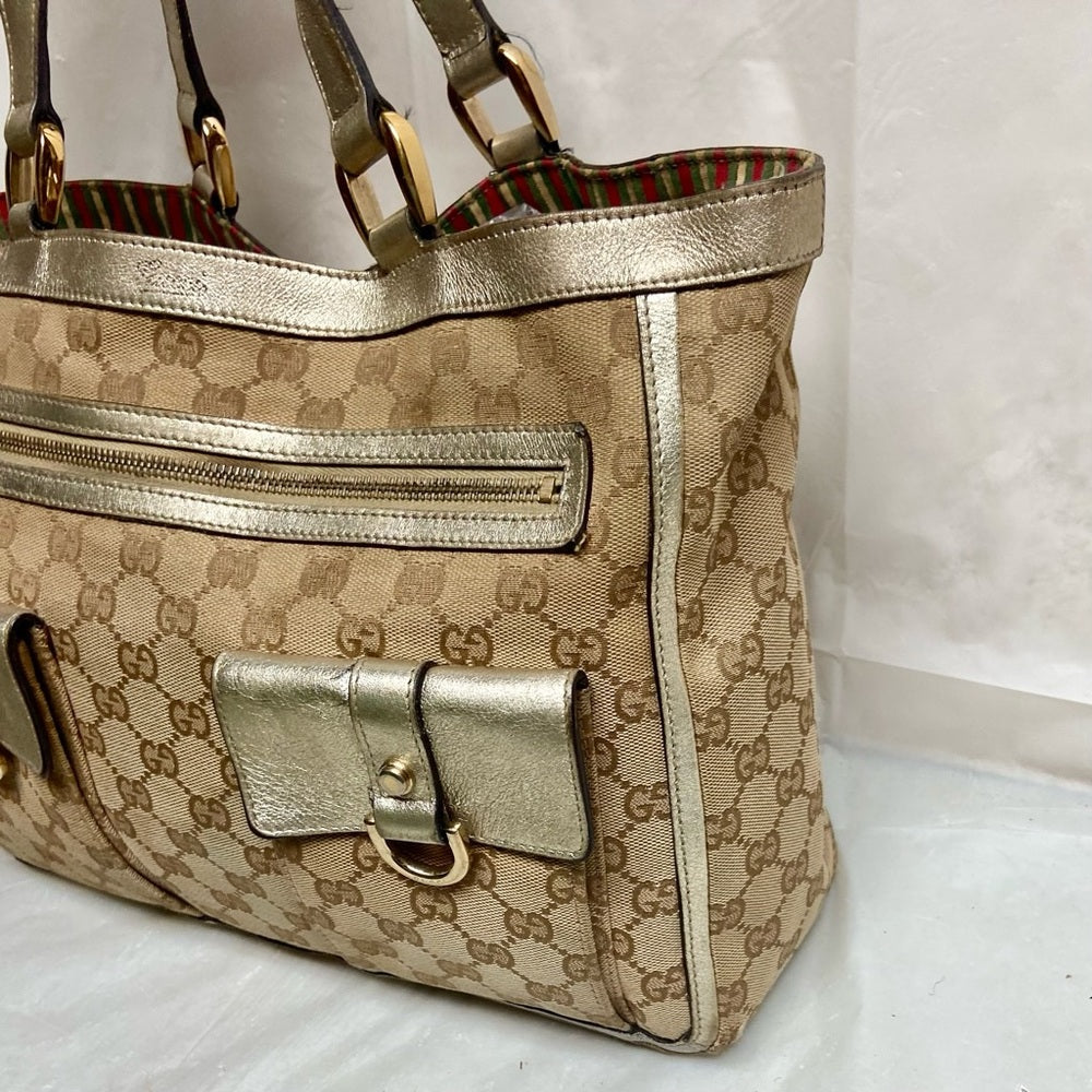 Vintage Gucci Brown Mono Shoulder Bag with Metallic Leather Trim-Strap