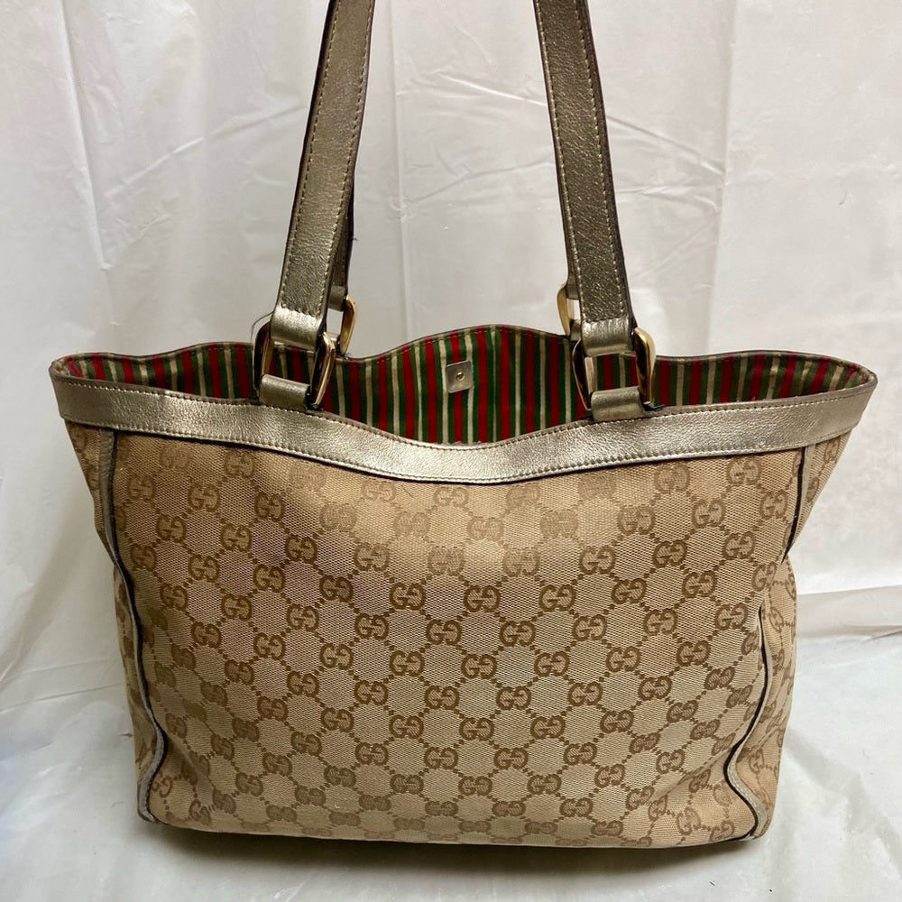 Vintage Gucci Brown Mono Shoulder Bag with Metallic Leather Trim-Strap