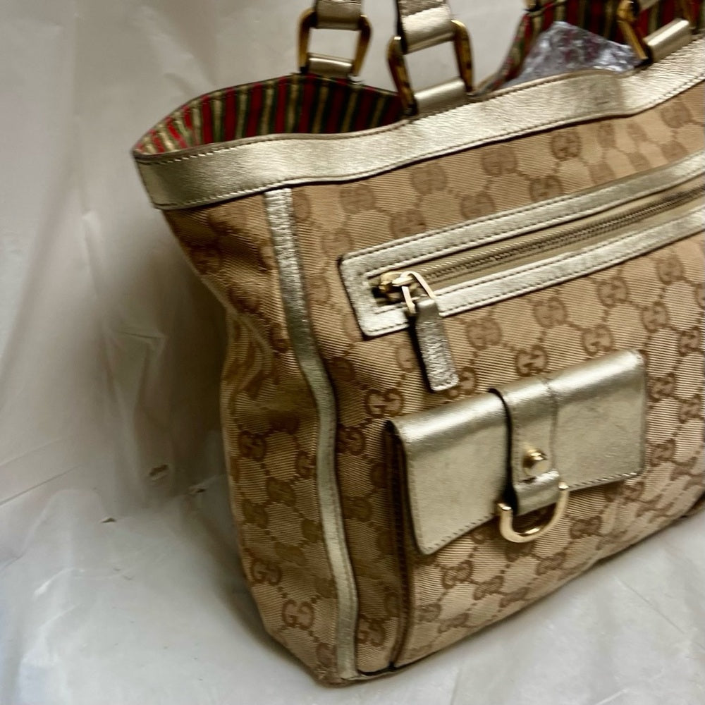 Vintage Gucci Brown Mono Shoulder Bag with Metallic Leather Trim-Strap