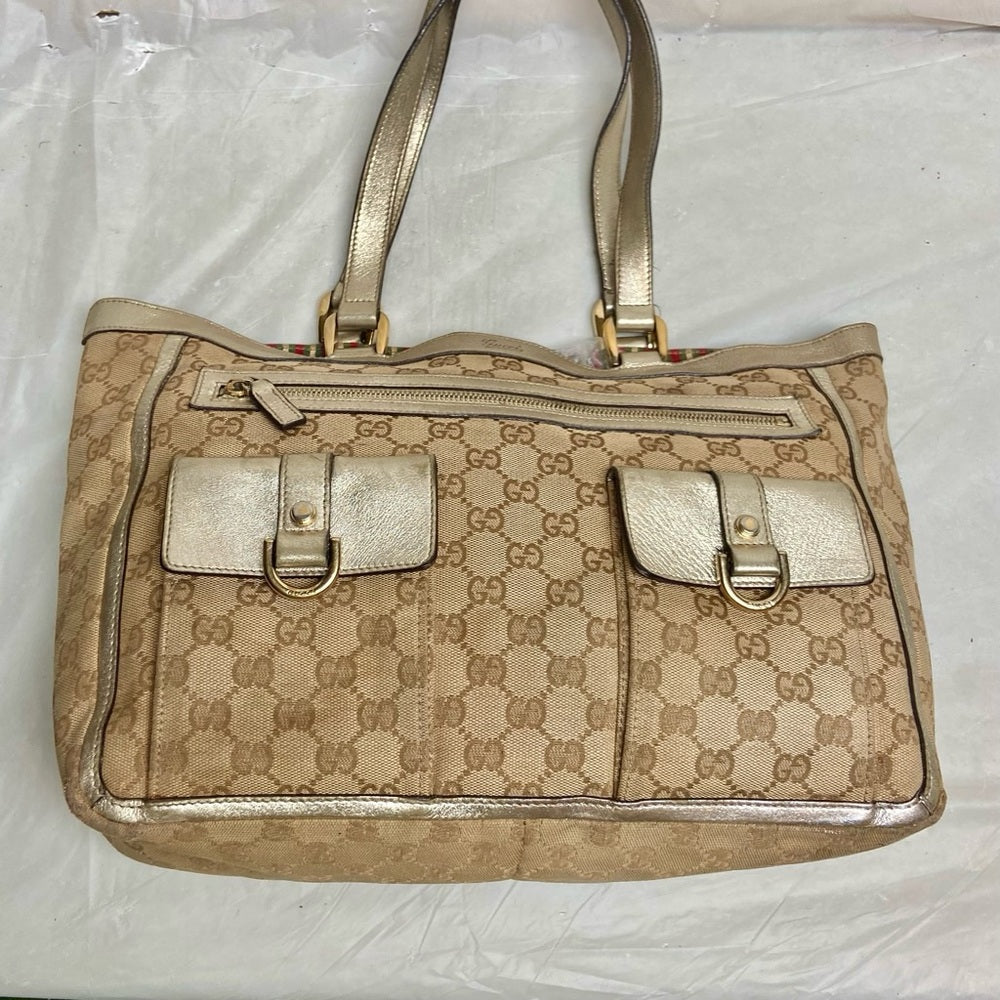 Vintage Gucci Brown Mono Shoulder Bag with Metallic Leather Trim-Strap
