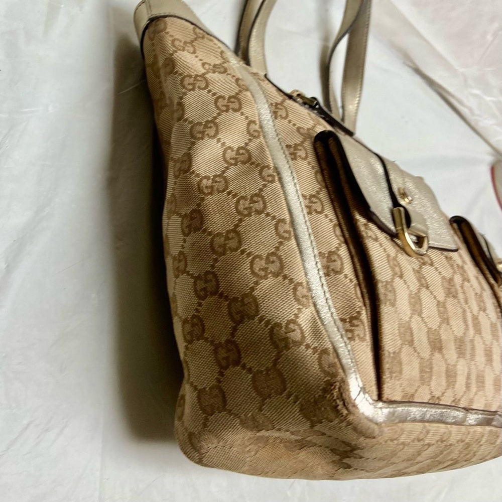 Vintage Gucci Brown Mono Shoulder Bag with Metallic Leather Trim-Strap