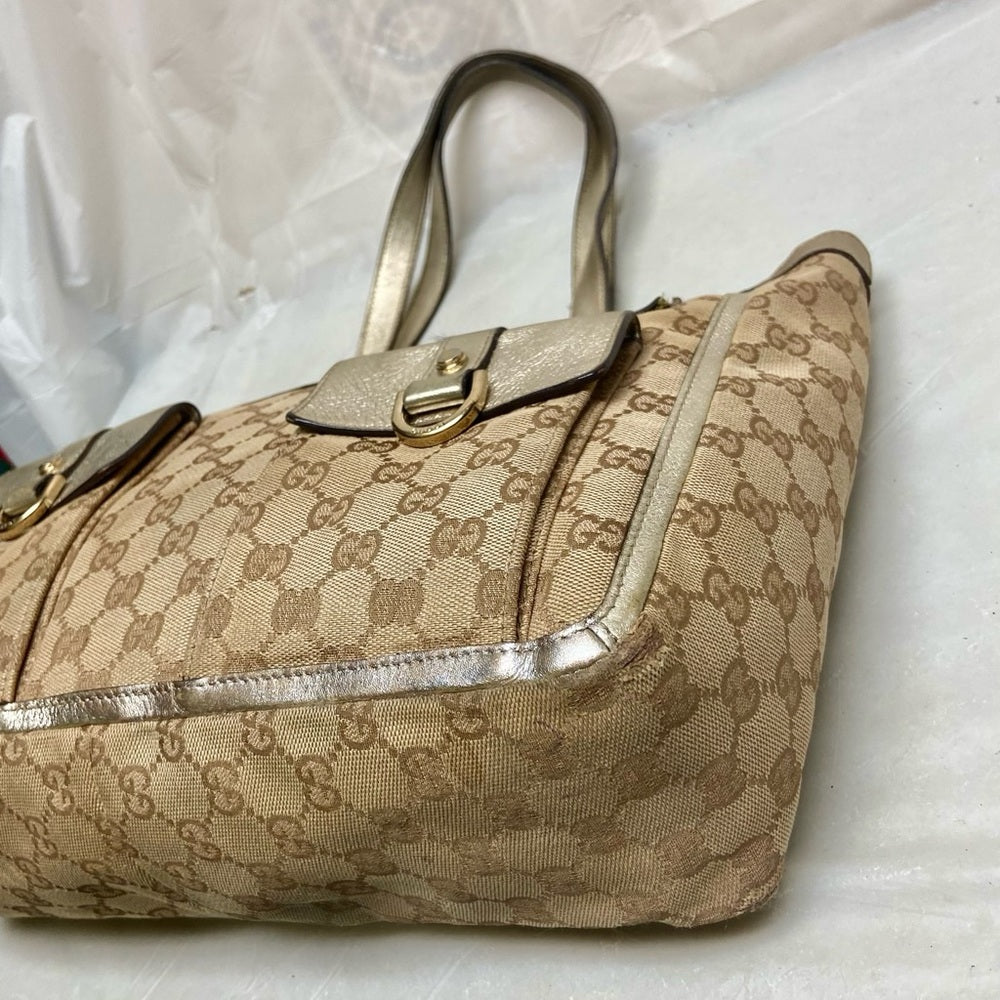 Vintage Gucci Brown Mono Shoulder Bag with Metallic Leather Trim-Strap