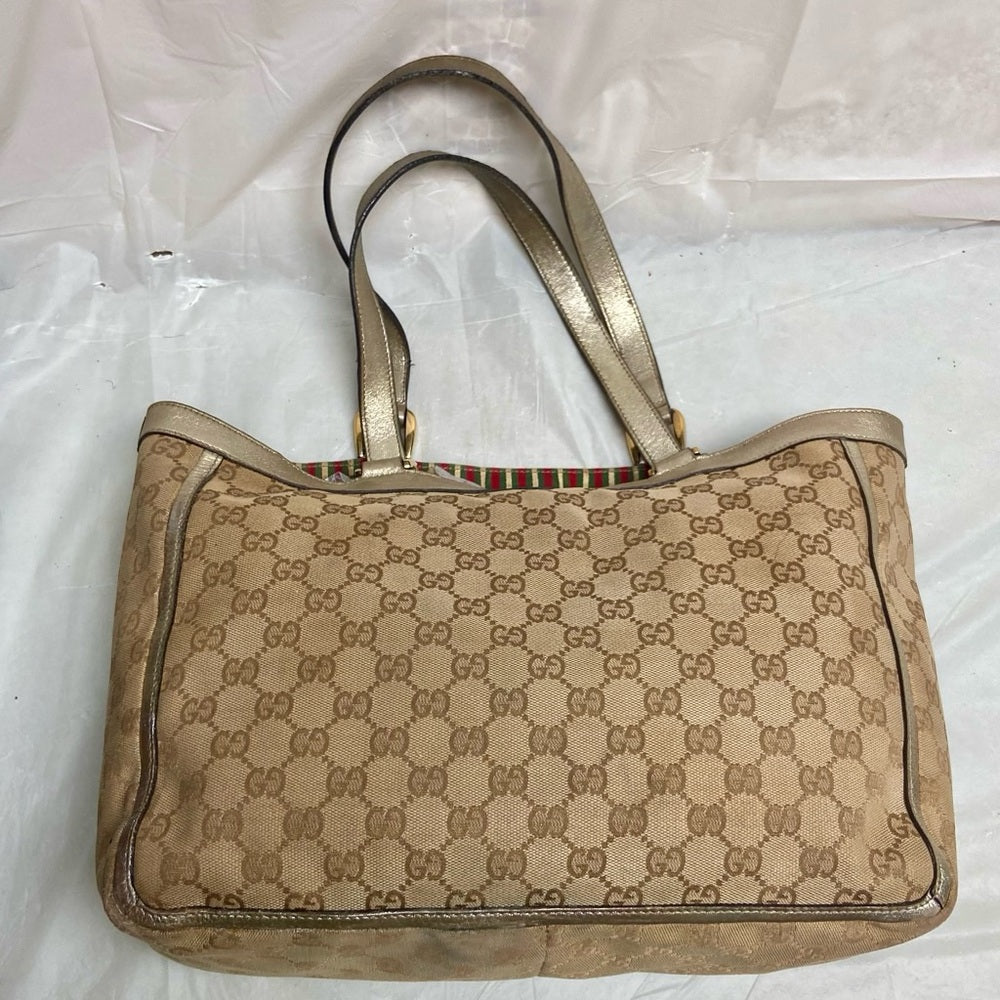 Vintage Gucci Brown Mono Shoulder Bag with Metallic Leather Trim-Strap