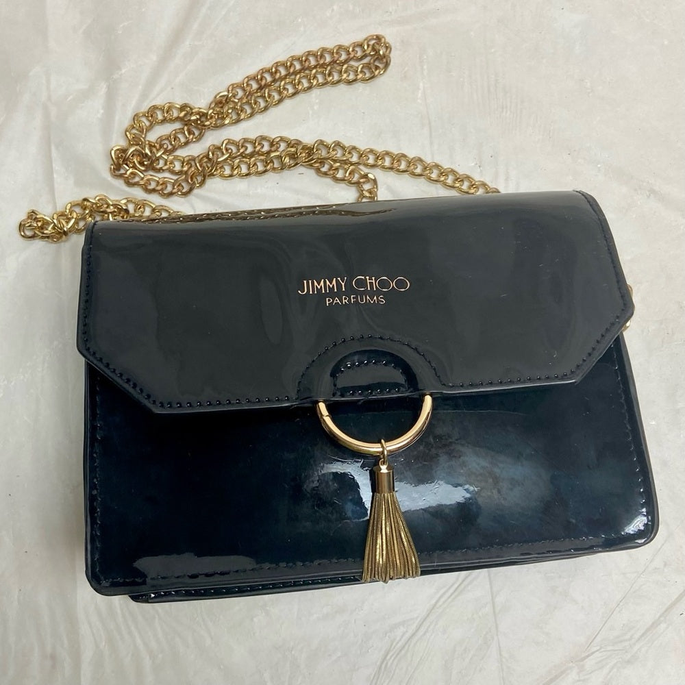 Jimmy Choo Black Faux Patent Leather Cosmetic Pouch Crossbody 7.5in x 5in x 2.5