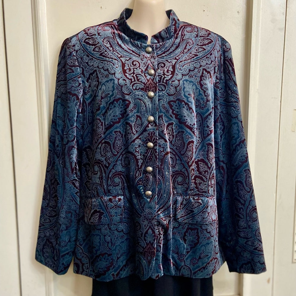Cold Water Creek Blue-Burgundy Paisley Velvet Cost-Jacket - L