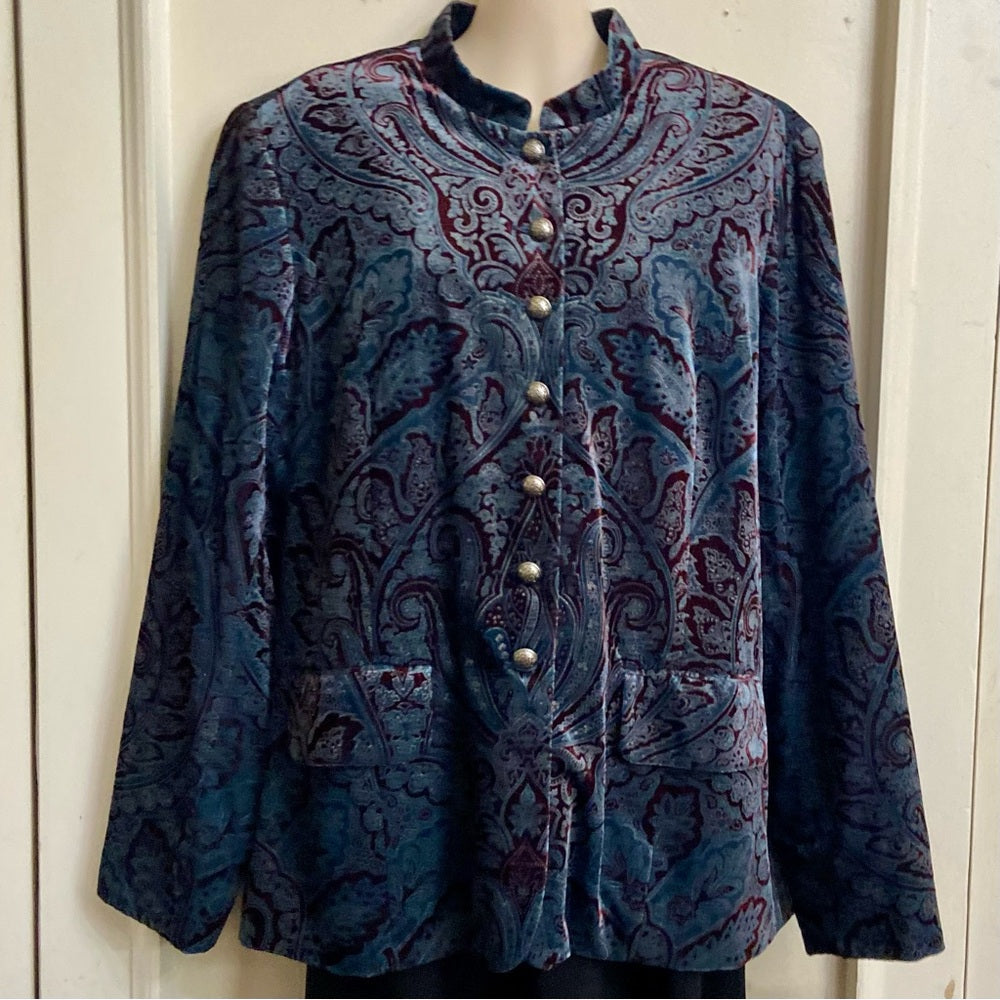 Cold Water Creek Blue-Burgundy Paisley Velvet Cost-Jacket - L