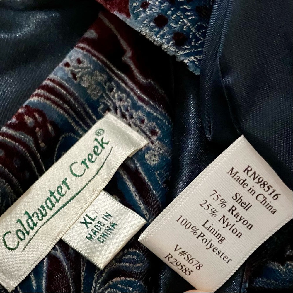 Cold Water Creek Blue-Burgundy Paisley Velvet Cost-Jacket - L