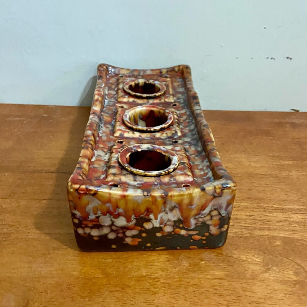 Orange Brown Drip Glazed Trio Candle Holder 11.5in L x 5in W x 2.5in H