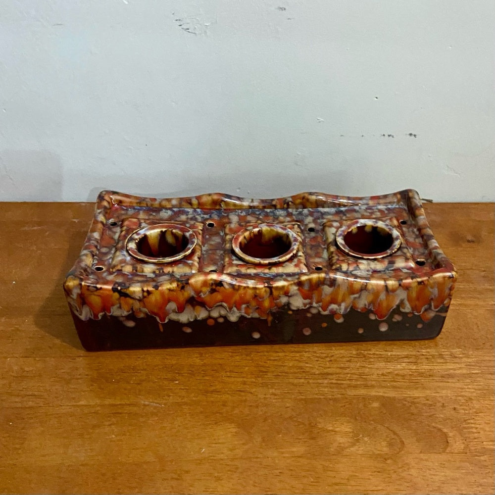 Orange Brown Drip Glazed Trio Candle Holder 11.5in L x 5in W x 2.5in H
