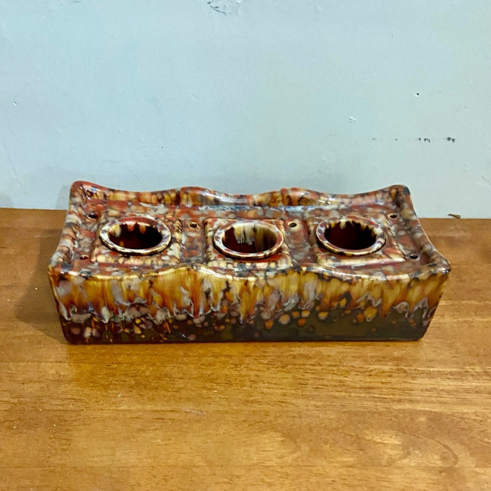 Orange Brown Drip Glazed Trio Candle Holder 11.5in L x 5in W x 2.5in H