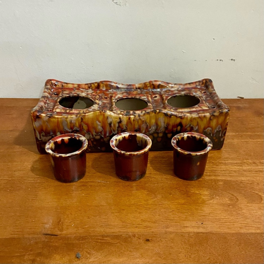Orange Brown Drip Glazed Trio Candle Holder 11.5in L x 5in W x 2.5in H