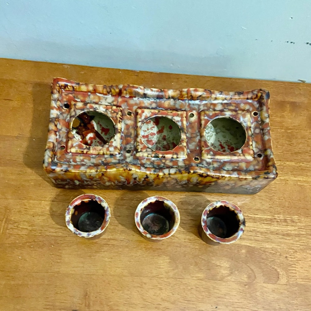 Orange Brown Drip Glazed Trio Candle Holder 11.5in L x 5in W x 2.5in H