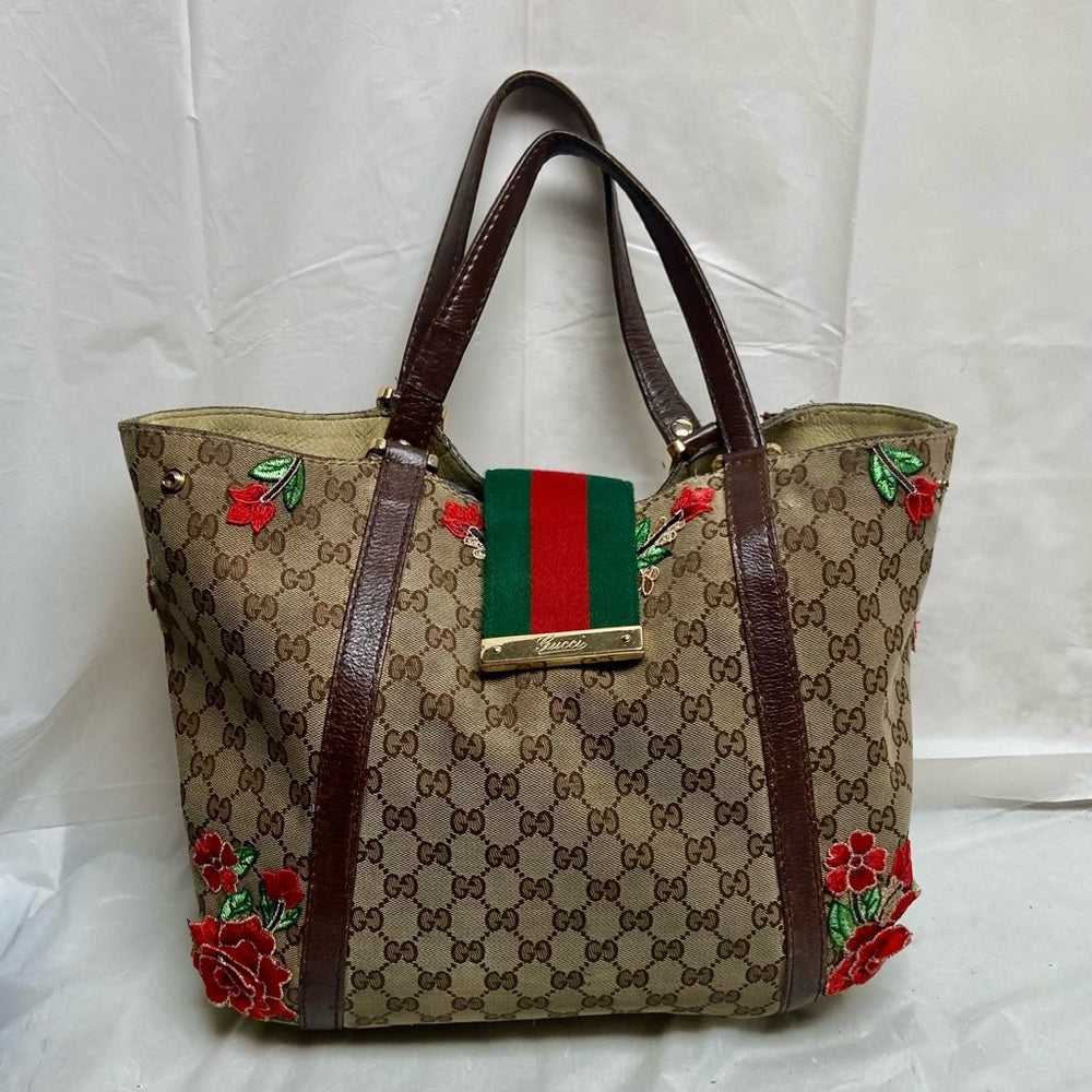Vintage, Gucci, Sherry-line GG Coated Canvas with Red Floral Handbag 12inx12inx5