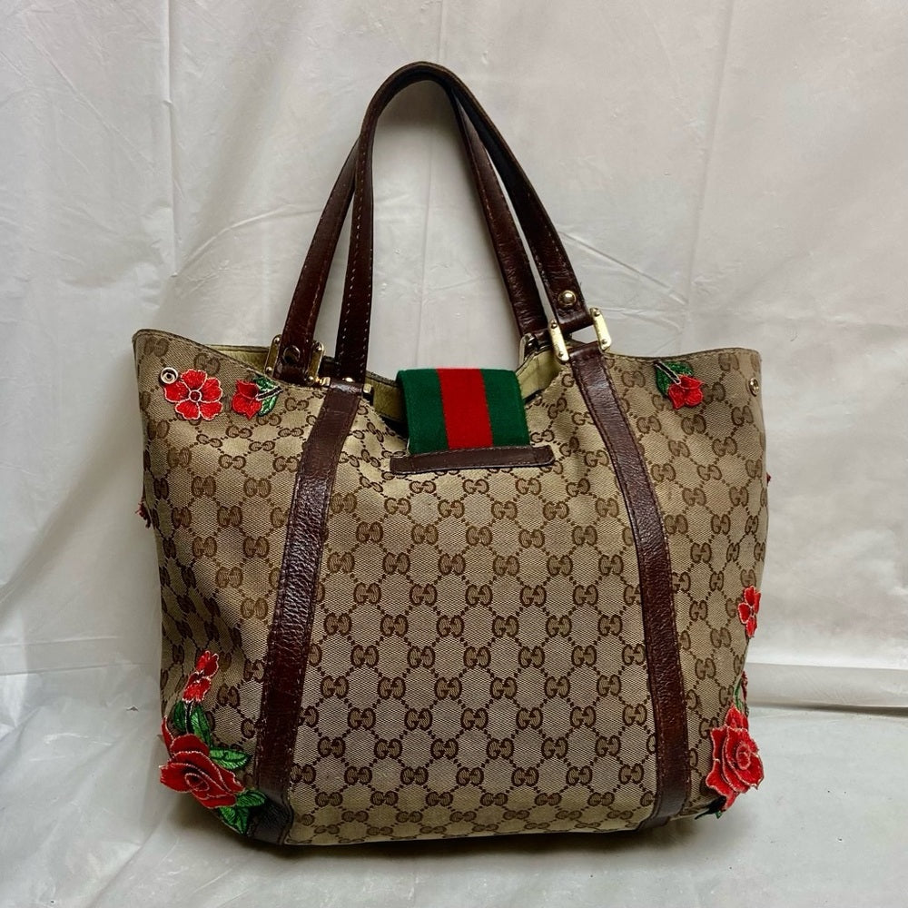 Vintage, Gucci, Sherry-line GG Coated Canvas with Red Floral Handbag 12inx12inx5