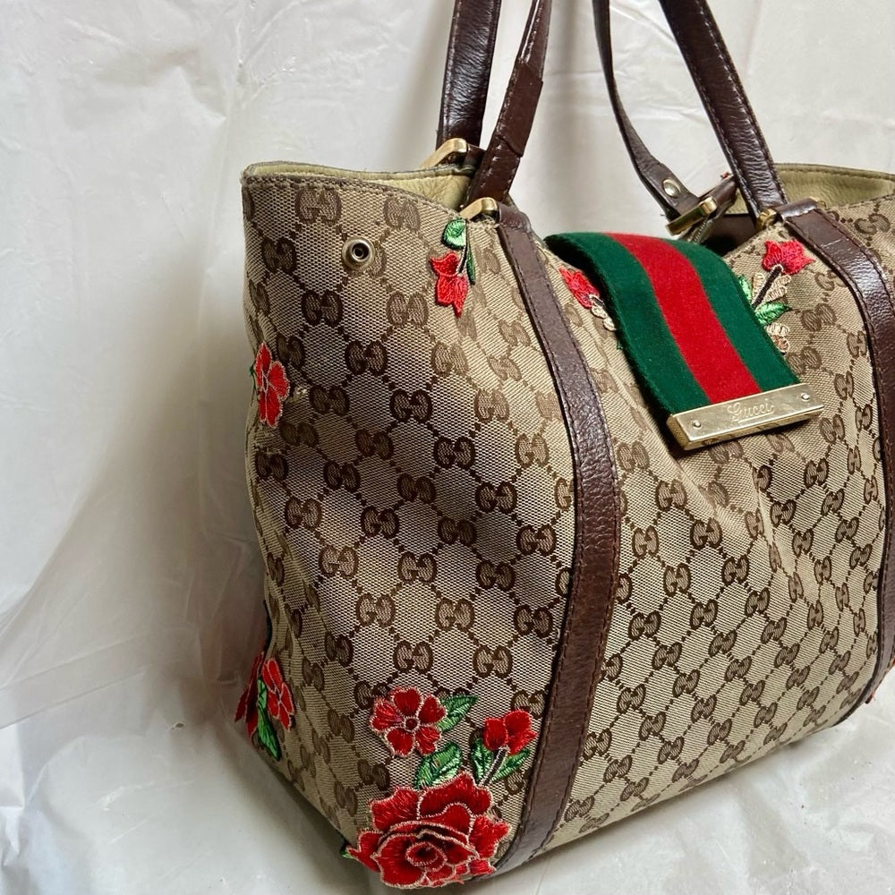 Vintage, Gucci, Sherry-line GG Coated Canvas with Red Floral Handbag 12inx12inx5