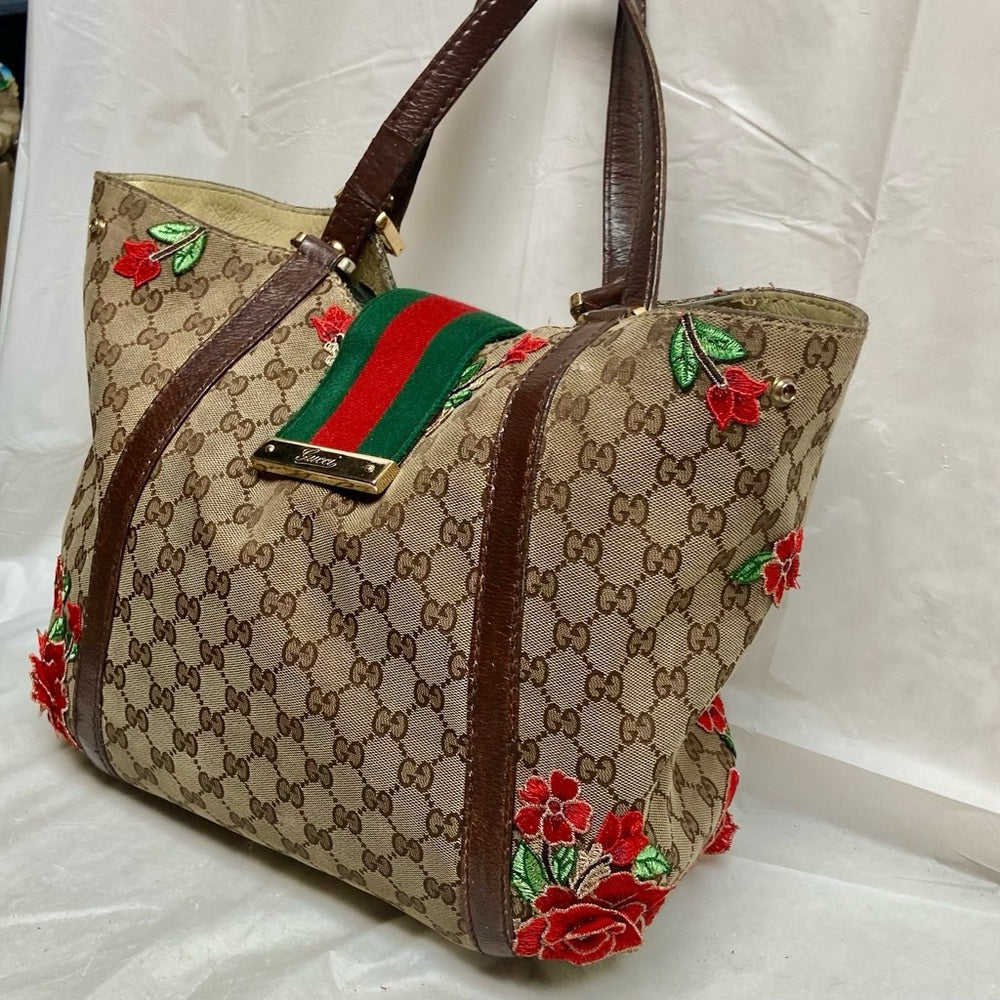 Vintage, Gucci, Sherry-line GG Coated Canvas with Red Floral Handbag 12inx12inx5