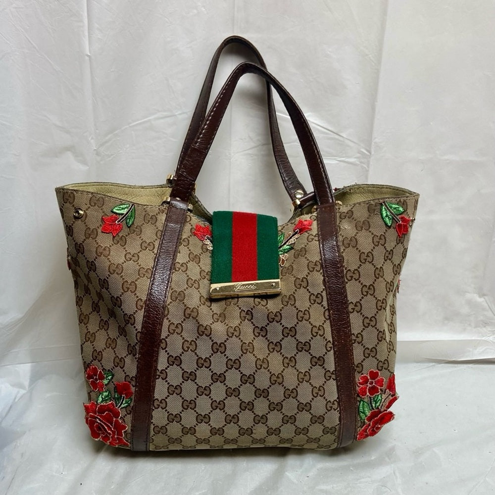 Vintage, Gucci, Sherry-line GG Coated Canvas with Red Floral Handbag 12inx12inx5