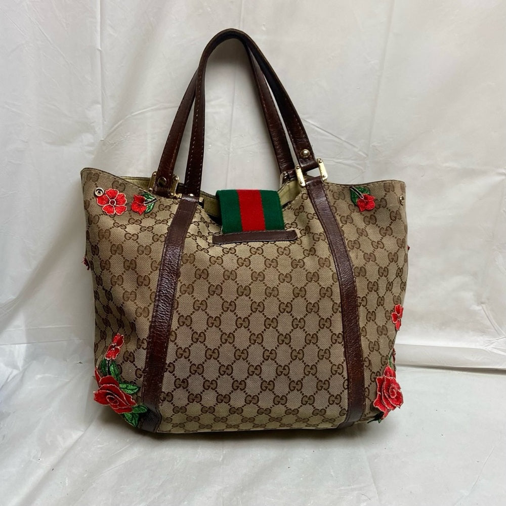 Vintage, Gucci, Sherry-line GG Coated Canvas with Red Floral Handbag 12inx12inx5