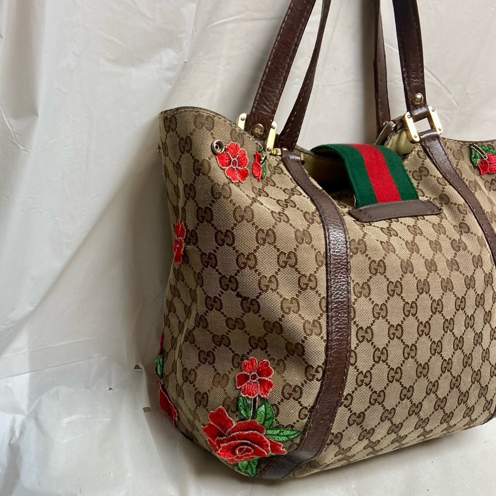 Vintage, Gucci, Sherry-line GG Coated Canvas with Red Floral Handbag 12inx12inx5