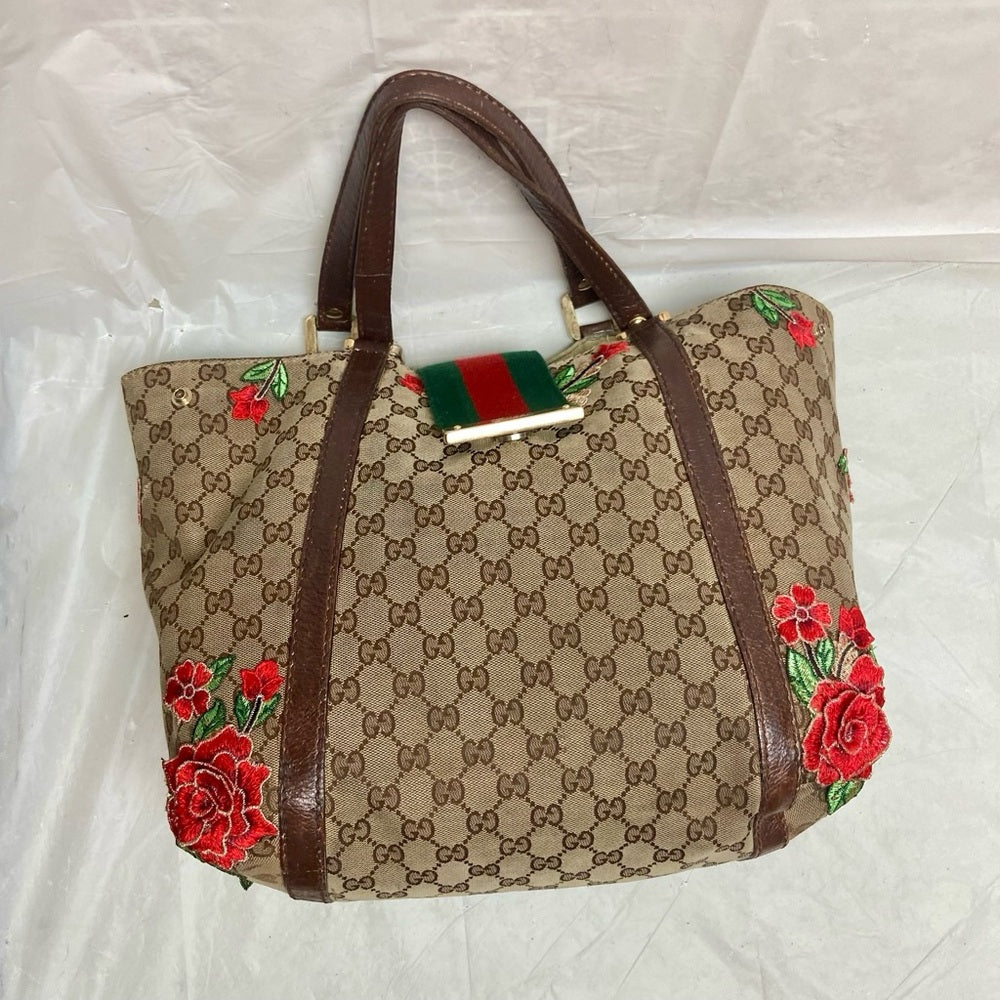Vintage, Gucci, Sherry-line GG Coated Canvas with Red Floral Handbag 12inx12inx5