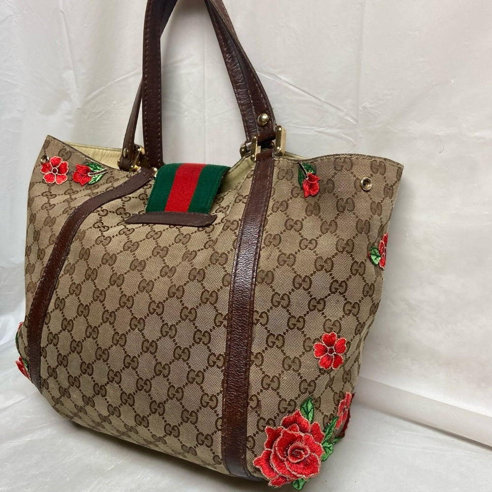 Vintage, Gucci, Sherry-line GG Coated Canvas with Red Floral Handbag 12inx12inx5